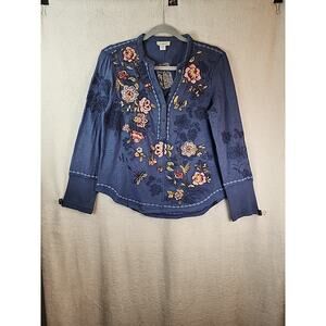 Sundance Catalog Blue Embroidered “Fayette Floral Henley” XXS New With Tags